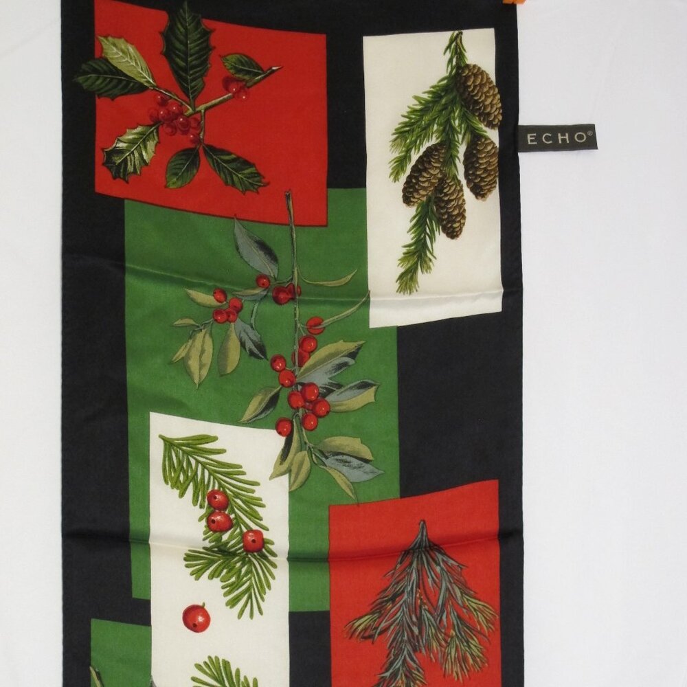 Echo Silk Scarf used –winter scene -  red, green, white, black